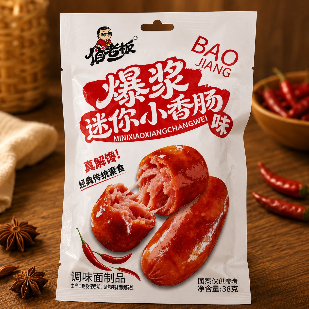Tăm xúc xích bao jiang