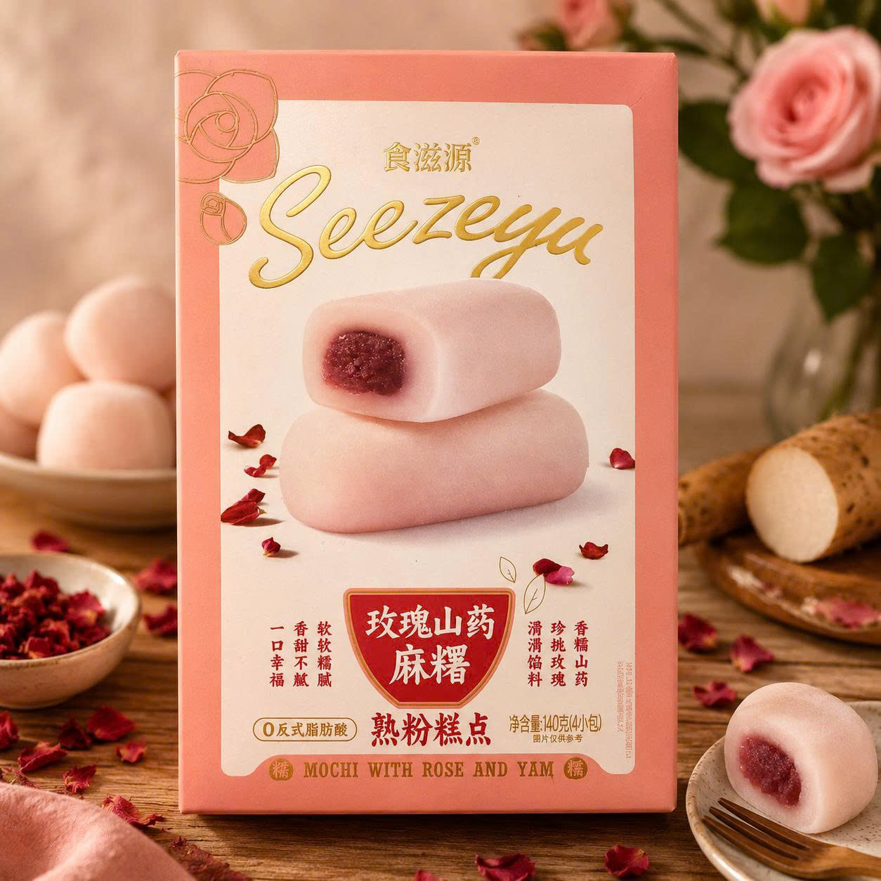 Bánh mochi vị hoa hồng và khoai môn